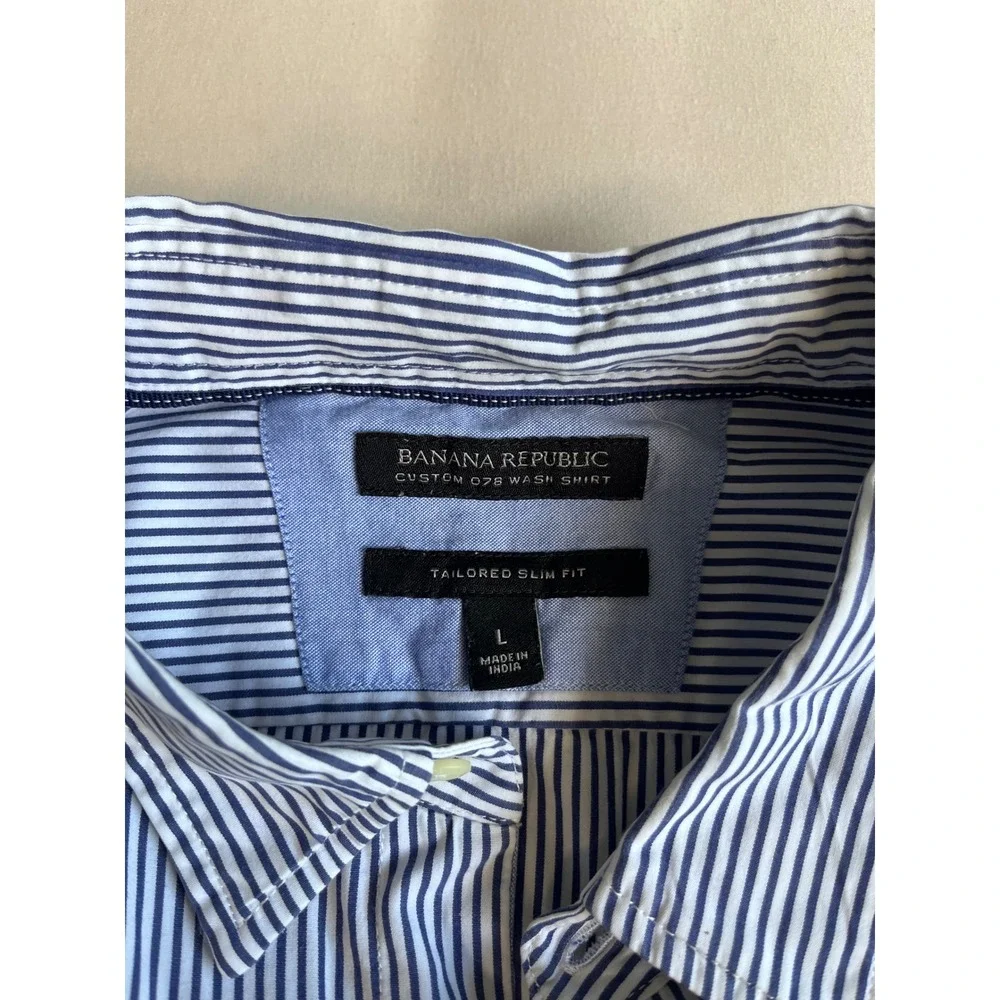 Banana Republic Mens Custom 078 Wash Shirt Tailored Slim Fit Blue White Stripe L